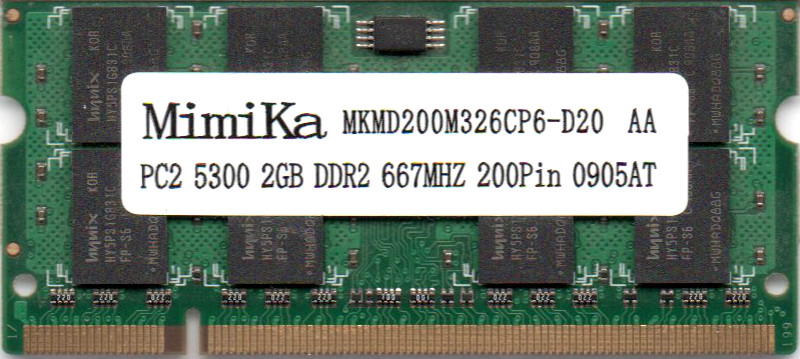 送料無料の 一部予約 DDR2 2GB ノートパソコン用メモリ MimiKa PC2-5300S DDR2-667 200pin 両面実装 動作保証品 中古 2Rx8 SO-DIMM NEW 型番：MKMD200M326CP6-D20