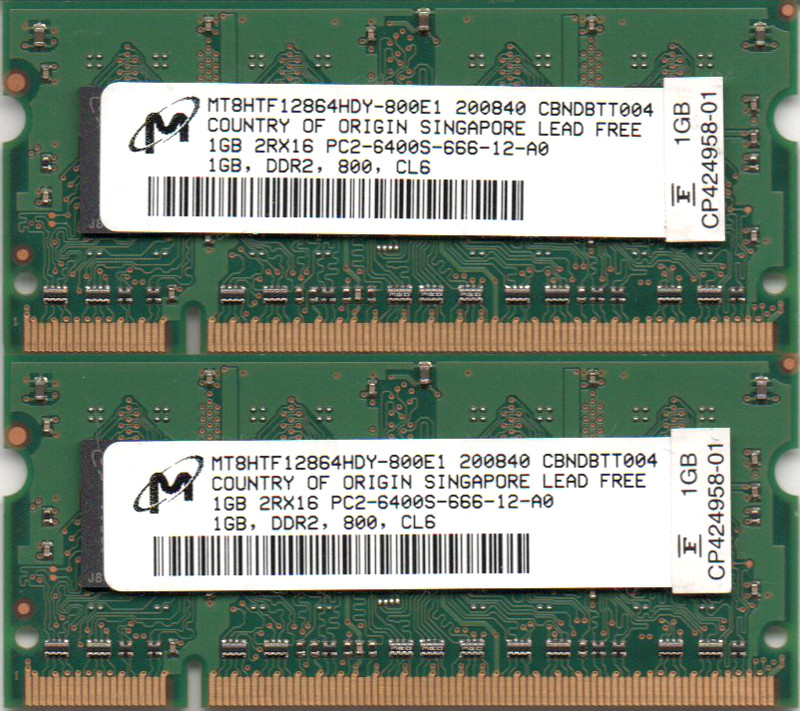 定番キャンバス 残りわずか 再入荷予定無しの SO-DIMM 200pin ノートパソコン用メモリ Micron PC2-6400S DDR2-800 1GB 中古 合計2GB の2枚組 2枚組み 動作確認済品 2Rx16 x ☆正規品新品未使用品 両面実装