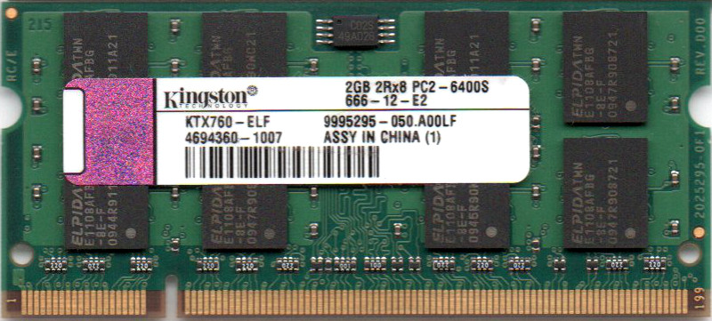 送料無料の DDR2 2GB 訳あり 激安卸販売新品 ノートパソコン用メモリ Kingston キングストン PC2-6400S DDR2-800 中古 2Rx8 両面実装 型番：KTX760-ELF 動作保証品 200pin SO-DIMM