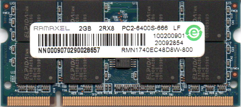 送料無料の DDR2 NEW 2GB ノートパソコン用メモリ 正規品 RAMAXEL PC2-6400S DDR2-800 型番：RMN1740EC48D8W-800 動作確認済品 200pin 2Rx8 両面実装 中古 SO-DIMM