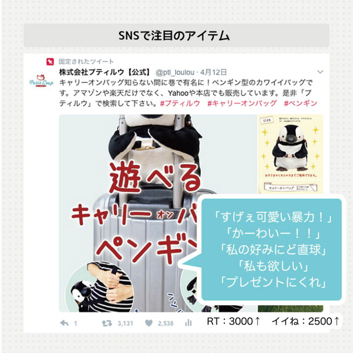 楽天市場 キャリーオンペンギン2 キャリーオンバッグ ぬいぐるみバッグ かわいい 子供 キッズ おむつポーチ ベビーカーポーチ 旅行 誕生日 プレゼント ぺんぎん グッズ 雑貨 動物 アニマル プティルウ テディベアショップ