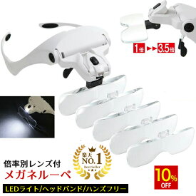 【スーパーSALE★10%OFF】 ◆楽天1位◆ めがねルーペ LEDライト付きメガネ型ルーペ 倍率レンズ5枚搭載 1倍 1.5倍 2倍 2.5倍 3.5倍 高輝度LED搭載 メガネタイプ 調節可能なヘッドバンド付属 軽量アクリル製レンズ 読書・工作・手芸にも 保証書付き 敬老の日/めがねルーペD