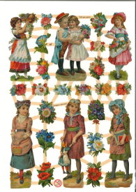 ドイツ製 クロモス☆花を持つ少女 人形 花柄☆(Kinder mit Blumen)デコパージュ コラージュ スクラップピクチャー ダイカット エンボス アンティーク