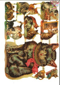 ドイツ製 クロモス☆可愛い猫の親子 動物 キャット☆(Katzen)デコパージュ コラージュ スクラップピクチャー ダイカット エンボス アンティーク ※ズレがある場合があります※