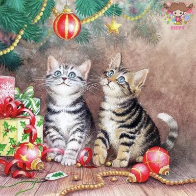 Ambiente ペーパーナプキン<br>☆クリスマスツリーを見つめる子猫たち オーナメント プレゼント 動物☆ (Magic Of Christmas)（1枚 バラ売り）