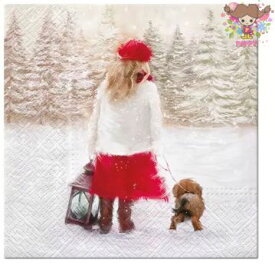 Paw 可愛い ペーパーナプキン デコパージュ☆ウィンターウォーク 少女 犬 ランタン 雪☆(Winter Walk)（1枚/バラ売り）