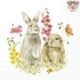 IHR ペーパーナプキン☆HOP ON SPRING☆（1枚・バラ売り）ウサギ イースター 動物 花柄 デコパージュ 可愛い 素敵 お洒落 華やか エレガント ハンドメイド