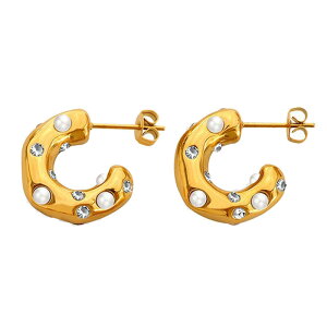 メール便送料無料★Chunky チャンキーピアス パール&キュービックジルコニア CCフープピアス フープ シンプル CZ 真珠 316L サージカルステンレス アレルギー対応 安心 レディース ピアス 金ア