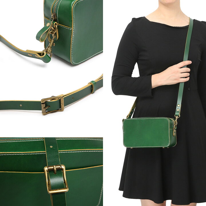 楽天市場】ショルダーバッグ スクエア型 横長 グリーン 緑 本革 ミニ  