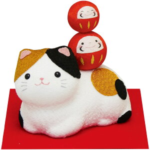 三毛猫の縁起飾り だるま 敷物付 置物 縁起 迎春 新春 正月 手作り ちりめん 細工 飾り