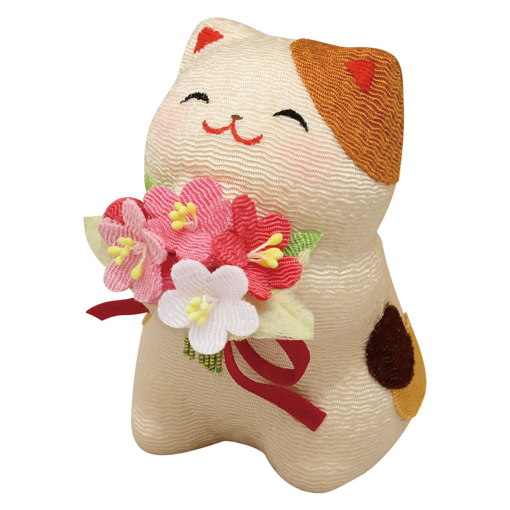 可愛い猫の置物を飾り幸運を呼びましょう… ギフ_包装 お花の贈り物 三毛猫手作りちりめん細工 評判 ネコの置物 ねこの和雑貨 猫の人形