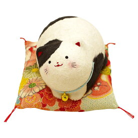 ちぎり和紙 幸せまるにゃんこ ブチ猫 ザブトン付手作りちぎり和紙細工 猫の人形・ネコの置物・ねこの和雑貨