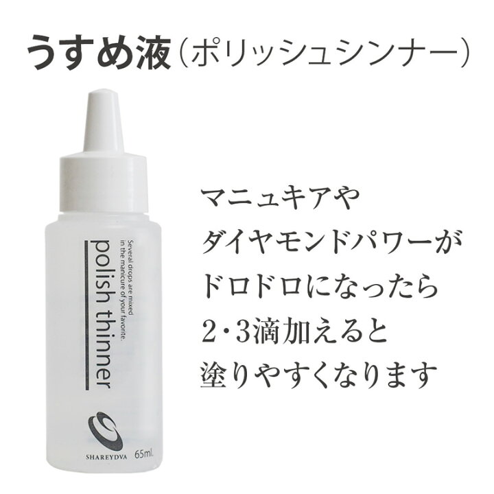 楽天市場 うすめ液 マニキュア ポリッシュシンナー 薄め液 ダイヤモンドパワー まにきゅあ ドロドロ 数滴混ぜると使いやすく復活 ネイルケア専門サロンが実際のサロンワークでも使用中 １本あると便利 マニキュア復活 マニキュアをさらさらに プリナチュール 自爪と