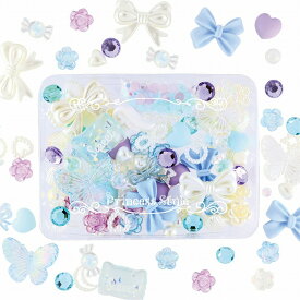 デコパーツ ラインストーン ミックス ブルー系【 ホイップデコ トレカデコ 大量 花 推し活 リボン ハート バラ かわいい キャンディ キラキラ バタフライ 天使の羽 硬質カードケース デコ レジン ハンドメイド 】