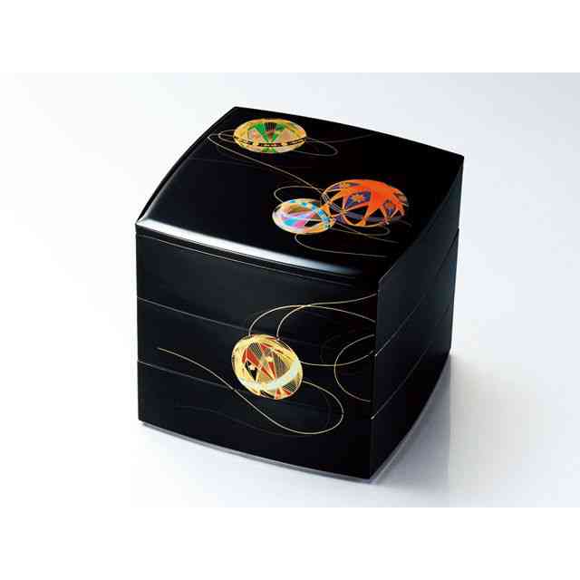 日本製 山中漆器 重箱 日本伝統の模様をモダンに演出 彩光てまり6.5胴張三段重(黒)