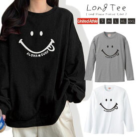 Tシャツ ロンT 長袖 レディース トップス プリントT Uネック クルーネック 長袖Tシャツ カットソー レイヤード ロングTシャツ おしゃれ 大人かわいい ペア おそろ スマイル ニコちゃん にこちゃん サーフ アロハ