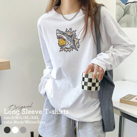 Tシャツ ロンT 長袖 レディース トップス プリントT 丸首 クルーネック レディース Tシャツ 長袖 カットソー レイヤード ロングTシャツ おしゃれ 大人かわいい ペア おそろ ロゴ 秋冬 ビッグT 大きいサイズ スマイル ニコちゃん サメに食べられる