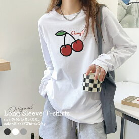 Tシャツ ロンT 長袖 レディース トップス プリントT 丸首 クルーネック レディース Tシャツ 長袖 カットソー レイヤード ロングTシャツ おしゃれ 大人かわいい ペア おそろ ロゴ 秋冬 ビッグT 大きいサイズ チェリー さくらんぼ Cherry!! ロゴ ワンポイント