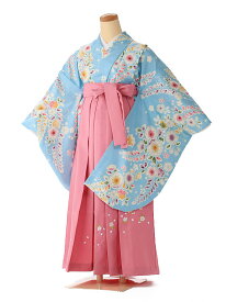 【卒業式 袴 レンタル 小学生】【女の子 小学生卒業式フルセット】【ベーシックスタイル】 【148cm-153cm】ジュニア 女袴 着物レンタル Sサイズ フルセット 往復送料無料 水色 辻が花 pink 袴 0075 【レンタル】