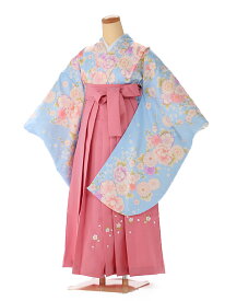 【卒業式 袴 レンタル 小学生】【女の子 小学生卒業式フルセット】【ベーシックスタイル】 【148cm-153cm】ジュニア 女袴 着物レンタル Sサイズ フルセット 往復送料無料 水色 花尽くし pink 袴 0076 【レンタル】