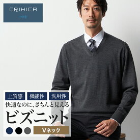 【最大20%OFFクーポン 11/1 0:00~ 11/30 23:59】 ORIHICA ビズニット ニット セーター メンズ Vネック 洗える 洗濯機可能 静電気防止 無地 黒 紺 グレー S M L LL ON OFF 兼用 ビジネス カジュアル 雑誌掲載 クリスマス プレゼント