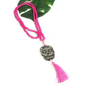 メキシコ シュガースカル（ドクロ）シェル 彫刻 ネックレス ピンク 70cm メキシカンスカル カラベラ 死者の日【メール便対応可】