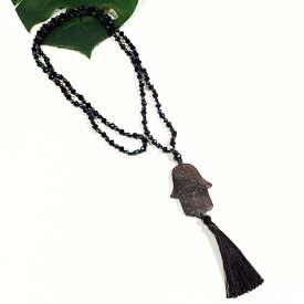 ハムサ（ファティマの手） シェル(虹光沢あり） 彫刻 ジルコニア ネックレス ブラック 70cm イヤリング【メール便対応可】