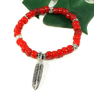 【一点物】 ホワイトハート アンティーク トレードビーズ イーグルフェザー シルバー ブレスレット 手首周り17cm とんぼ玉【送料無料】