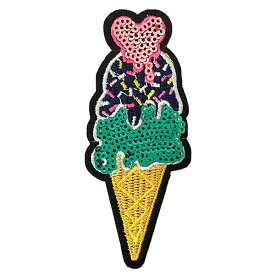 ワッペン スパンコール アイロン接着 縦10cm×横4cm アイスクリーム スイーツ キラキラ アイロンワッペン かわいい デコ ダンス 入園 入学 アップリケ あっぷりけ wappen
