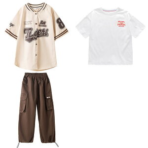 キッズ ダンス衣装 セットアップ 男の子 女の子 緑 赤 半袖 かっこいい ベースボールシャツ カジュアル 野球服 おしゃれ ロングパンツ カーゴパンツ キッズ ダンスウェア 韓国 高校生 ジャズ