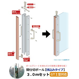 間仕切ポール 挟込みタイプ GTI型レール用 片開きセット 高さ3m 間仕切り 扉みたいに開閉できる ビニールカーテン 扉 JQ