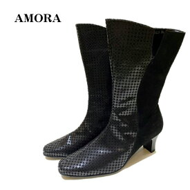 アモーラ（Amora) レディース ブーツ ミドルブーツ 靴 品番8590色クロチドリ 幅3E 日本製 着脱便利 内側ファスナー付 ドレス