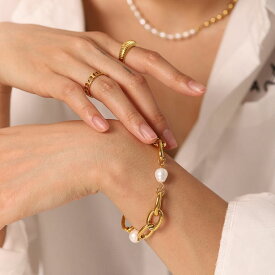 パールブレスレット ステンレス 淡水パール デザインブレスレット シンプルデザイン ブレスレット 大ぶりアクセ カジュアル 大人かわいい 上品 きれいめ 韓国アクセサリー プレゼント ギフト ママコーデ