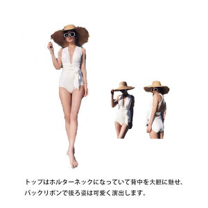 ワンピース 水着 ホルターネック クロス スイムドレス シアー オープンバック パッド入り レディース 体型カバー ビキニ 可愛い フレア セクシー 温泉 かわいい