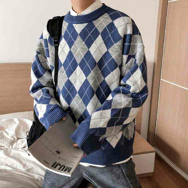 楽天市場 菱柄 ニットセーター Uネック 防寒 チェック柄 ニット セーター メンズ オーバーサイズ ニット クルーネック 長袖 秋冬 厚手送料無料 Amoremio 楽天市場店