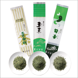 千茶荘 抹茶入り煎茶 勾玉・玉露白折・玉真 100gx3 (お茶 抹茶入り 人気茶 煎茶 抹茶入り煎茶 来客 ギフト 内祝い 引き出物 水出し )