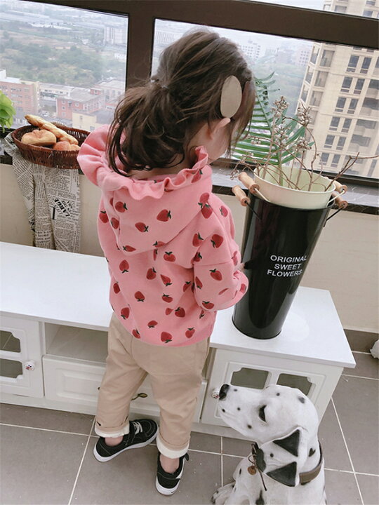楽天市場 キッズいちご柄フリルフードパーカー ピンク アイボリー 100 110 1 130 140cm リンクコーデ おそろい 双子コーデ ペアルック 出産祝い Senkei