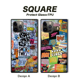 iPhone15 15Pro 15ProMax 15Plus ケース iPhone 14 pro max ケース iPhone13 12pro 12mini ケース 背面ガラス スクエア 四角 強化ガラス 軽量 おしゃれ グラフィティー コラージュ ストリート