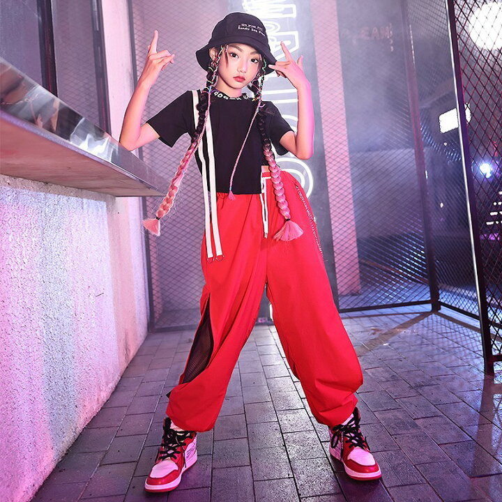 楽天市場 キッズダンス衣装 セットアップ ガールズ ヒップホップ ファッション へそ出しトップス スリット パンツ ダンス衣装 黒 赤 Sims Mart