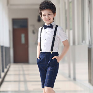 男の子 フォーマル スーツ 夏 4点セット キッズ ワイシャツ 短パン チェック柄 パンツ 蝶ネクタイ サスペンダー 子供 発表会 結婚式 ジュニア 紳士服 七五三 卒園式 卒業式 入学式 子供スーツ