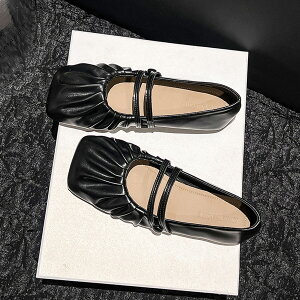 ダブルストラップローファー クラシックギャザー フラットシューズ フェミニン モダン エレガント スクエアトゥ シンプル ガーリー 可愛い お洒落 22cm-26cm 大きめサイズ有り