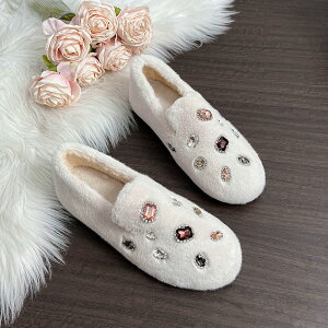 ビジューファーローファー 宝石 装飾 キラキラ ファーローファー ファー ローファー ボア フラットヒール シンプル ガーリー 暖か ふわふわ もこもこ ふわもこ 可愛い お洒落 22cm-26cm 大きめ