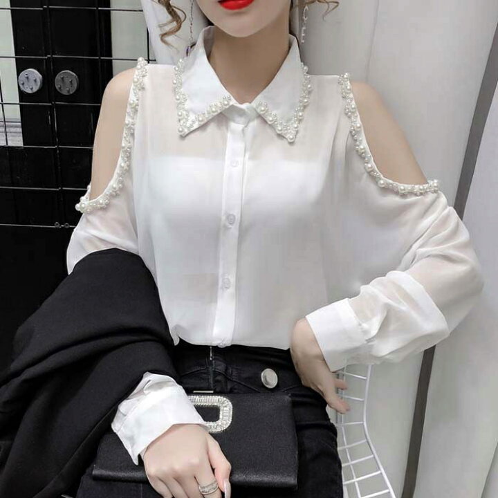 楽天市場】長袖シャツ オフショルダー パール シフォン シースルー 
