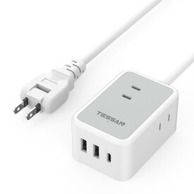 延長コード 2m 電源タップ usb付き TESSAN usb-c コンセントタップ 3個AC口 USB-C 1ポート USB-A 2ポート 蛸足コンセント タコ足配線 テーブルタップ マルチタップ スイングプラグ oaタップ 壁掛け式/卓上に 小型軽量 出張/旅行
