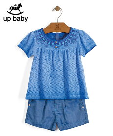 【UP BABY】女の子Tシャツ＆ショートパンツセット【子供服・デイリー・お出かけ着にも】ボタニカル刺繍｜ブルー×ネイビー