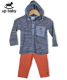 【UP BABY】男の子フード付き長袖Tシャツ＆カラーデニムセット【デイリー・おでかけ】ネイビー×オレンジ