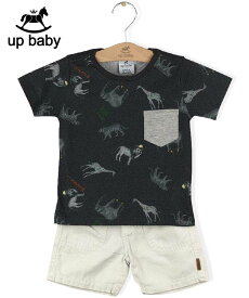 【UP BABY】男の子Tシャツ＆ショートパンツ【動物柄・おしゃれ】サバンナ｜チャコール×ホワイトグレー