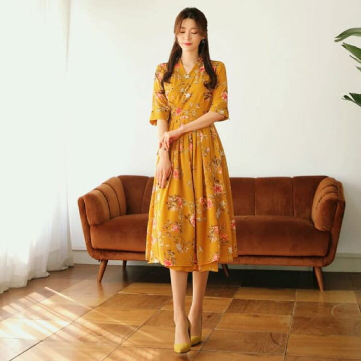 楽天市場 韓服スタイル シナレワンピースドレス マスタード ワンピース 膝丈 五分袖 花柄 エレガント クラシカル シンプル フリー Xl 好きなものいっぱい眞眞