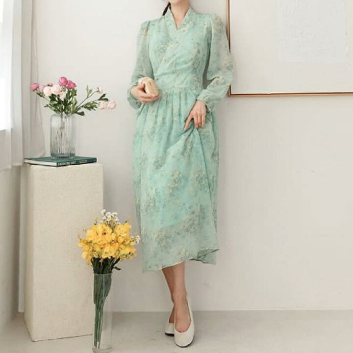 楽天市場】【韓服スタイル】春の花のワンピース 春 夏 長袖 ロング丈 V  