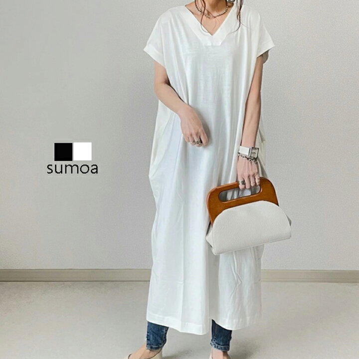 ワンピース Tシャツワンピース Vネック フレンチスリーブ フレンチT スリット ロングTシャツ Tシャツ 大きめ 重ね着 カットソー レディース 無地 シンプル ロング 春夏 秋冬 体型カバー 半袖 SUMOA ロングワンピース Tシャツワンピース スリット入 Vネック 楽ちんワンピース